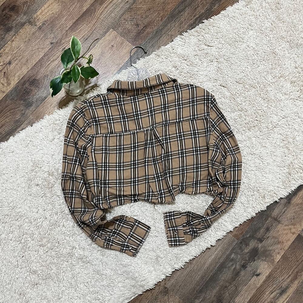 Princess Polly Size 4 Brown Black Plaid Cut Off Raw Hem Button Down Nora Top - Picture 7 of 7